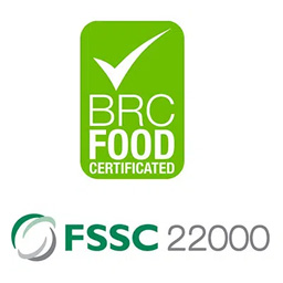 Logo vert de certification BRC Food avec coche, au-dessus du logo de certification FSSC 22000 à l'icône spirale turqu...