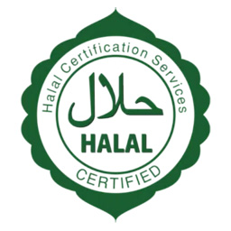 Badge vert à bord festonné indiquant "Services de certification Halal", écriture arabe et texte "HALAL CERTIFIED"
