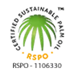 Logo de certification RSPO d'huile de palme durable avec icône de palmier vert et numéro RSPO-1106330