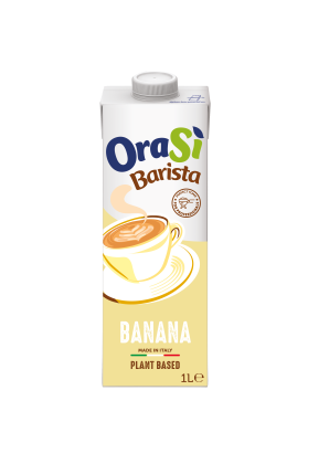 Brique d'1 litre de boisson végétale OraSì Barista Banana avec bouchon vissé, illustrée d'une tasse de café latte art.