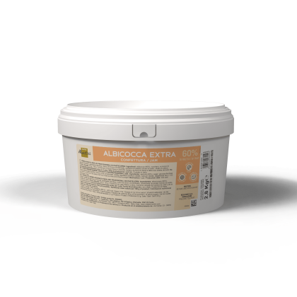 Seau en plastique blanc étiqueté "Albicocca Extra 60% Confettura/Jam", 2,8 kg, étiquette orange et beige.