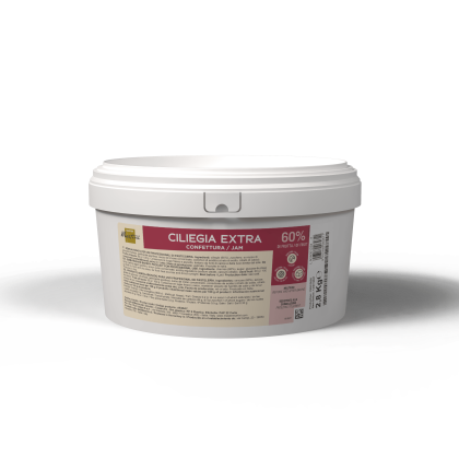Seau plastique blanc de 2,8kg étiqueté "Ciliegia Extra 60% Confettura/Jam", étiquette rose et beige.