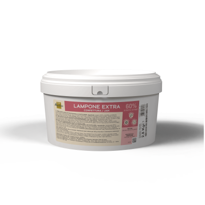 Pot en plastique blanc de confiture de framboise Lampone Extra 60%, 2,8 kg, étiquette rose sur fond blanc.