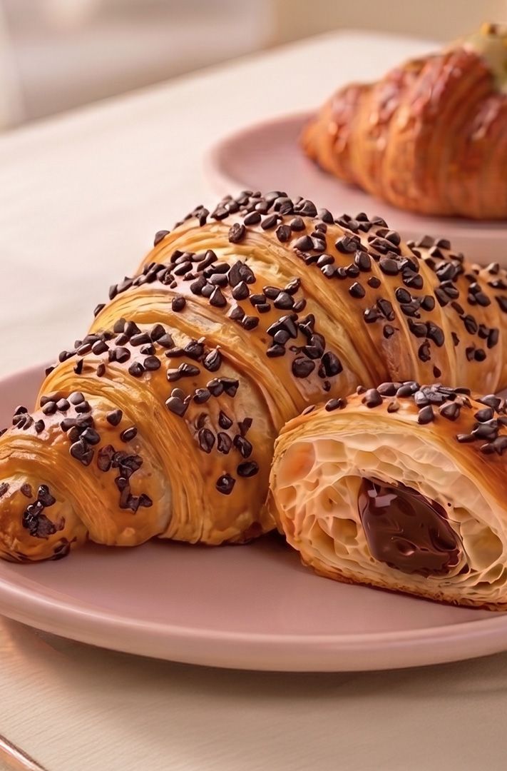 Croissant croustillant garni de mini pépites de chocolat, coupé révélant un fourrage fondu et une crème pistache