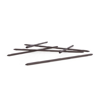 Plusieurs mâts de tente marron foncé éparpillés et superposés sur fond blanc.