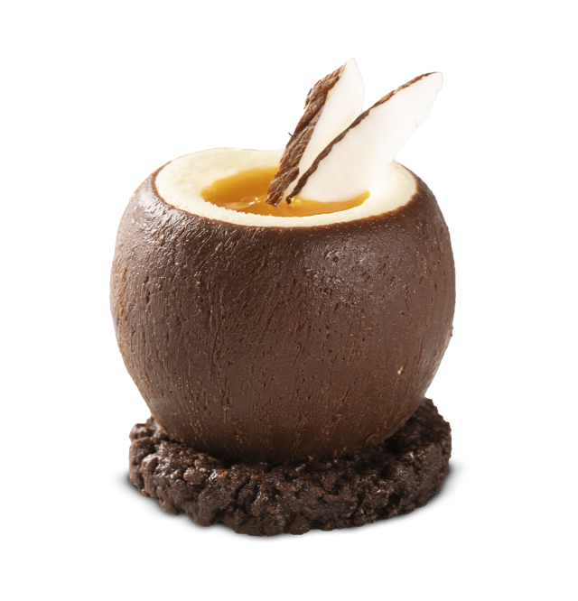 Coque ronde en chocolat garnie de curd d'orange, décorée de fines plaquettes de chocolat blanc et noir, sur un cookie