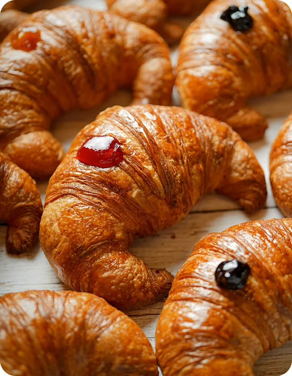 Croissants dorés garnis de confitures de fruits rouges et foncés, disposés côte à côte sur un plan de travail en bois...