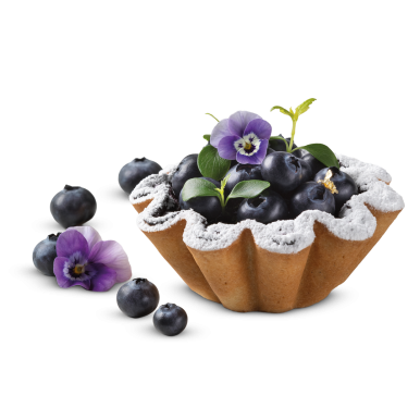 Tartelette cannelée garnie de myrtilles fraîches, sucre glace et fleurs de pensée violettes, fond blanc.