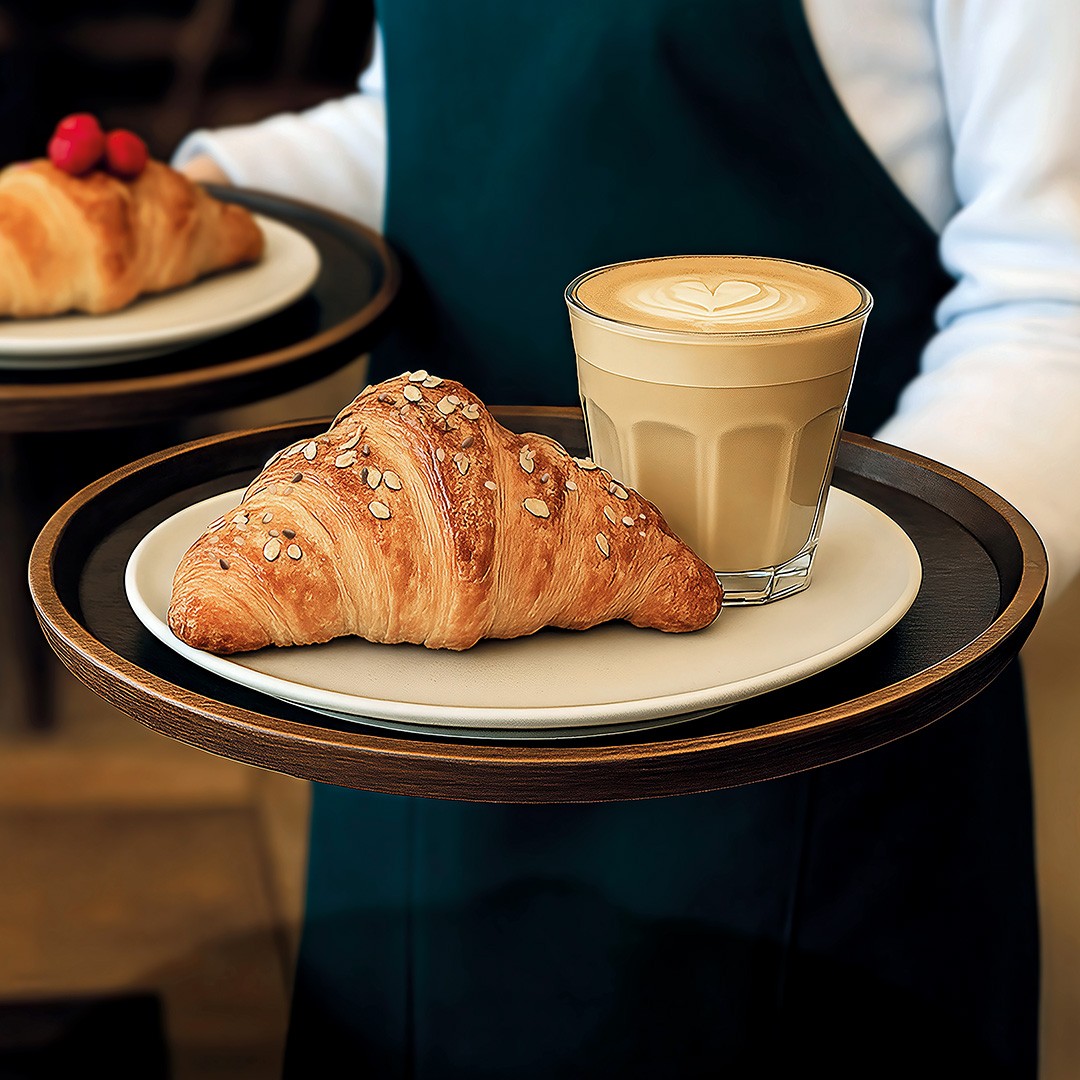 Un serveur en tablier bleu-vert porte un plateau rond avec un croissant aux graines et un latte à la mousse en cœur.