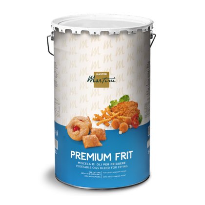 Seau métallique Master Martini Premium Frit, mélange d'huile végétale pour friture, étiqueté d'images de fritures.