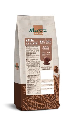 Sachet debout de pastilles de chocolat au lait Martini Ariba, 32% cacao, emballage à motif de fèves de cacao