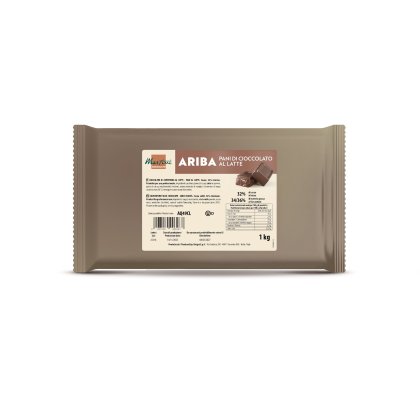 Emballage plastique beige de 1kg de chocolat au lait Martini Ariba, 32% cacao, avec étiquette et morceaux de chocolat