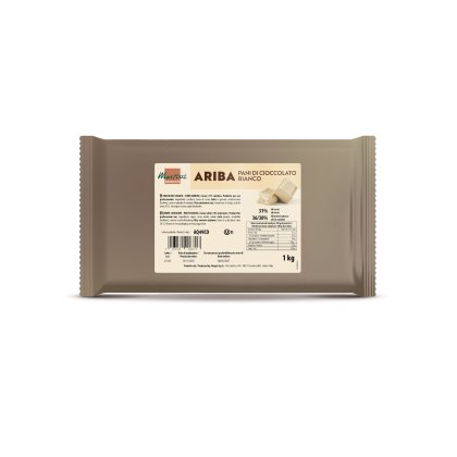Blocs de chocolat blanc Marchesi Ariba de 1kg, emballage beige avec étiquette nutritionnelle.