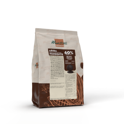 Sachet de pastilles de chocolat noir Martini Cioccolato Ariba Fondente 60% avec pourcentage de cacao et infos sur l'e...
