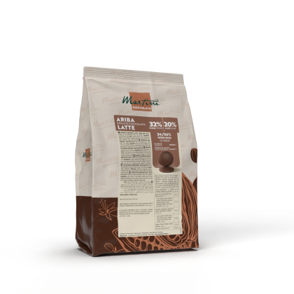 Sachet de pastilles de chocolat au lait Martini Ariba 32%, emballage marron et blanc avec étiquette produit