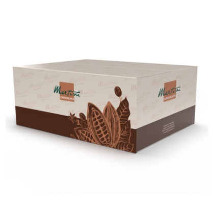 Boîte d'emballage Martini Cioccolato crème et marron avec illustrations de cabosses et fèves de cacao