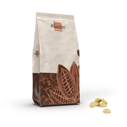 Sachet de disques de chocolat blanc Martini Cioccolato illustrés de cabosses de cacao, avec des gaufrettes au chocolat.