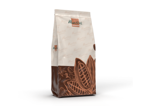Sachet debout de chocolat chaud Martini Cioccolato, étiquette crème avec illustrations de cabosses de cacao.