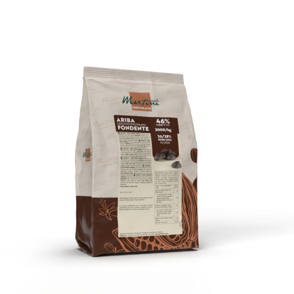 Sachet de pastilles de chocolat noir Martini Cioccolato Ariba Fondente, 46% cacao, emballage marron et blanc.