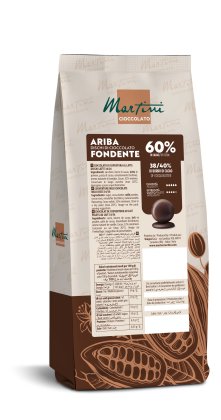 Emballage marron de pastilles de chocolat noir Martini Ariba Fondente 60% avec illustrations de cabosses et étiquette...