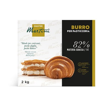 Boîte de Beurre pour Pâtisserie Master Martini 2kg, 82% de matière grasse, avec croissant et feuilleté fourré à la cr...
