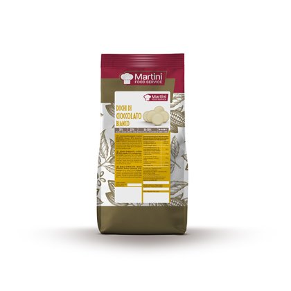 Sachet de disques de chocolat blanc Martini Food Service, emballage bordeaux et vert olive