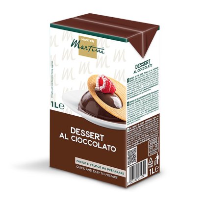 Brique de 1L Master Martini Dessert al Cioccolato, pudding au chocolat garni de framboises sur gaufrette