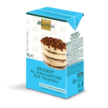 Brique de 1L de préparation mascarpone Master Martini pour tiramisu, avec photo du tiramisu en couches sur emballage ...