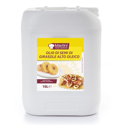 Bidon plastique blanc de 10L d'huile de tournesol haute oléique Martini Food Service, étiquette avec beignets et frui...