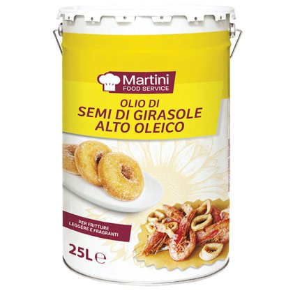 Bidon métallique de 25L d'huile de tournesol haute oléique Martini Food Service, pour friture, avec donuts et fruits ...