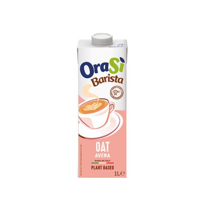 Brique d'1 litre de lait d'avoine OraSì Barista, végétal, fabriqué en Italie, emballage rose illustré d'une tasse à c...