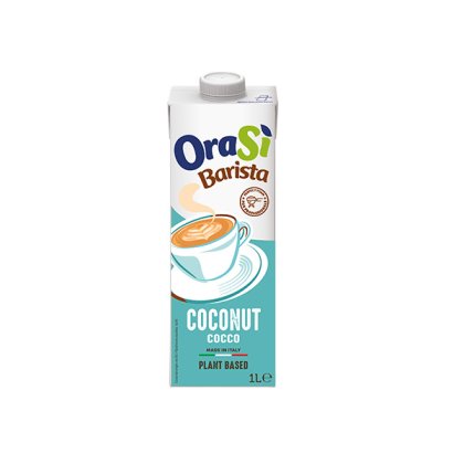 Brique de 1 litre de boisson végétale OraSì Barista Coconut, emballage bleu-vert avec illustration de tasse à latte, ...