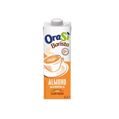 Lait végétal OraSì Barista Almond en brique de 1L, emballage orange avec tasse de latte, fabriqué en Italie