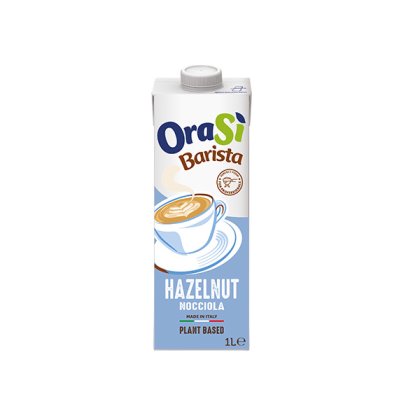 Brique de 1 litre de boisson végétale OraSì Barista Noisette, étiquette bleu clair et illustration de cappuccino.