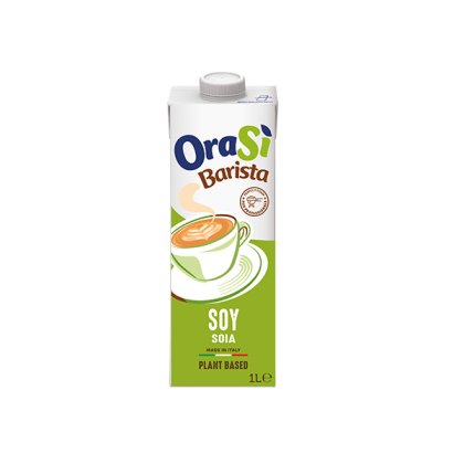 Brique de 1 litre de boisson végétale au soja OraSì Barista, étiquette verte avec tasse à latte, fabriquée en Italie.