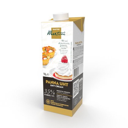 Brique de 1 litre de crème UHT Master Martini Panna, 35% MG, avec images de pâtisseries et crème fouettée