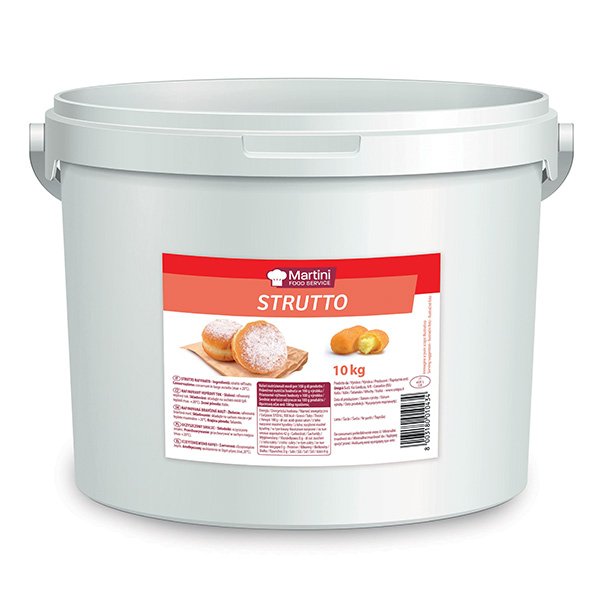 Seau blanc de 10kg de saindoux pâtissier Martini Strutto, étiquette rouge illustrant beignets et pâtisseries sucrées.