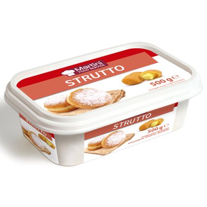 Pot plastique blanc Martini Food Service Strutto, 500g, étiquette rouge à motif donuts sucrés