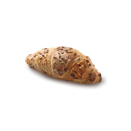 Croissant doré garni d'un mélange de graines, sur fond blanc