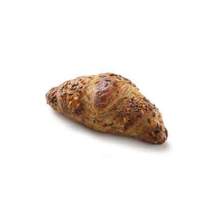 Croissant multicéréales doré garni de graines variées, photographié sur fond blanc