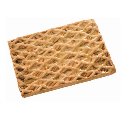 Tarte rectangulaire à croûte tressée dorée avec garniture aux fruits visible, fond blanc.