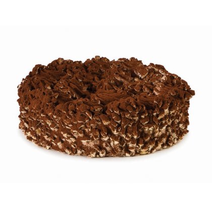 Gâteau au chocolat rond recouvert d'éclats de biscuit et saupoudré de cacao, fond blanc.