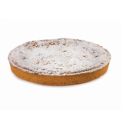 Tarte ronde à la pâte dorée, garnie d'amandes effilées et saupoudrée de sucre glace, fond blanc