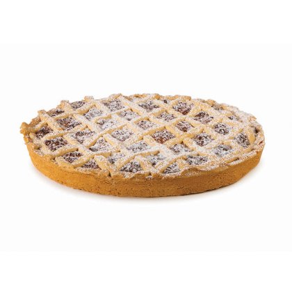 Tarte ronde à la confiture avec croûte dorée en treillis saupoudrée de sucre glace, laissant voir la garniture aux fr...