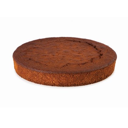 Génoise ronde brun foncé non glacée, dessus craquelé, fond blanc