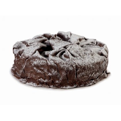 Gâteau au chocolat rond à la surface craquelée de chocolat noir, généreusement saupoudré de sucre glace, fond blanc.