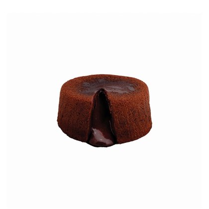 Petit fondant au chocolat rond, dessus fendu laissant couler un cœur chaud, fond blanc.