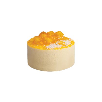 Gâteau mousse à la mangue rond, nappage fruité orange brillant et noix de coco, sur base crème lisse.