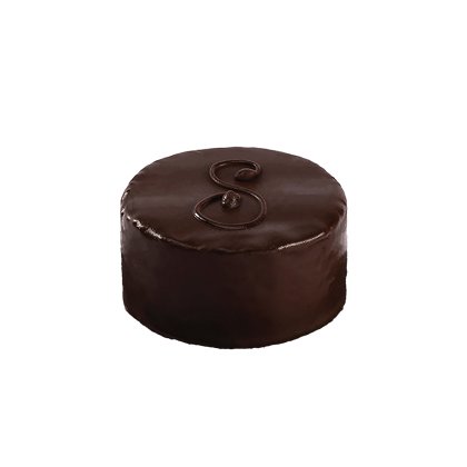 Gâteau au chocolat rond avec ganache noire brillante et lettre script décorative au-dessus, fond blanc