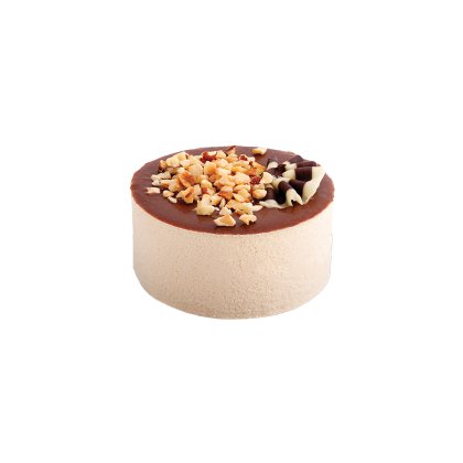 Gâteau rond aux bords crème beige, ganache au chocolat sur le dessus, éclats de fruits secs, décors en chocolat blanc...